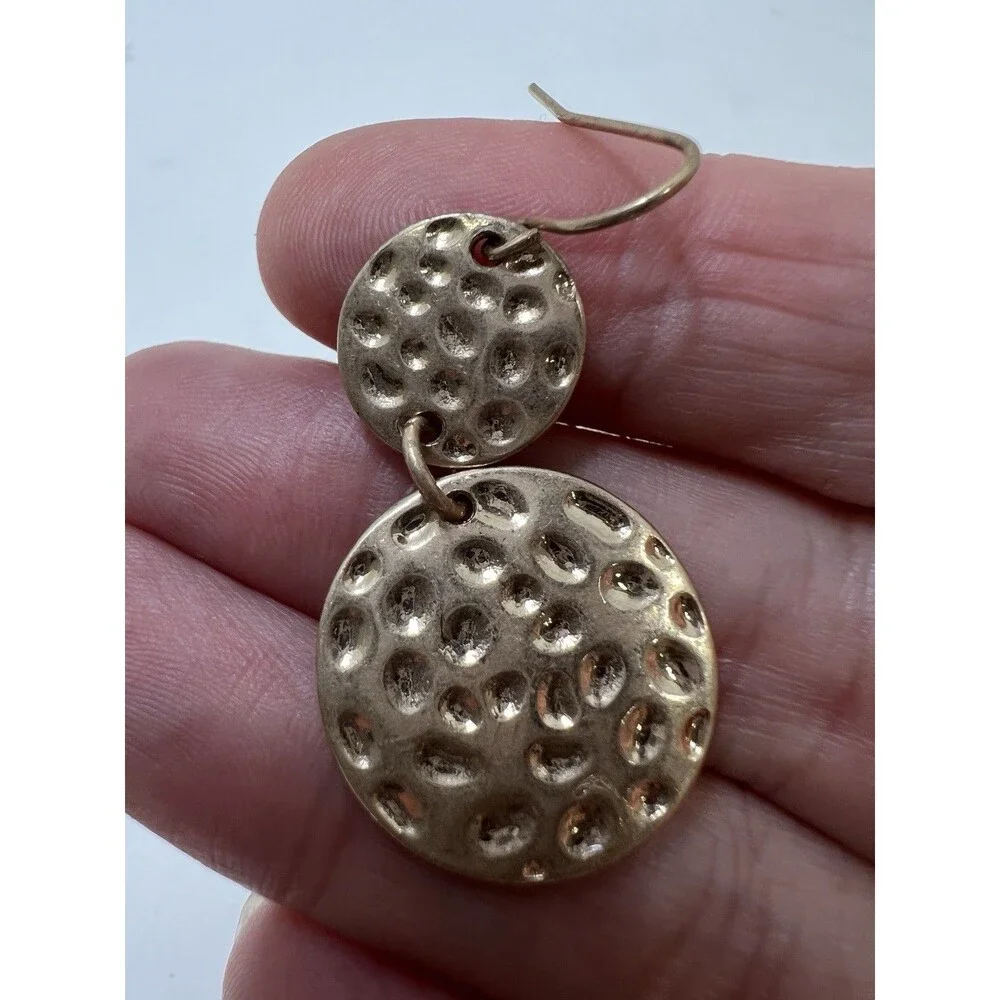Goldtone Hammered Double Disk Dangle Drop Earrings Pierced Ears Women's Jewelry